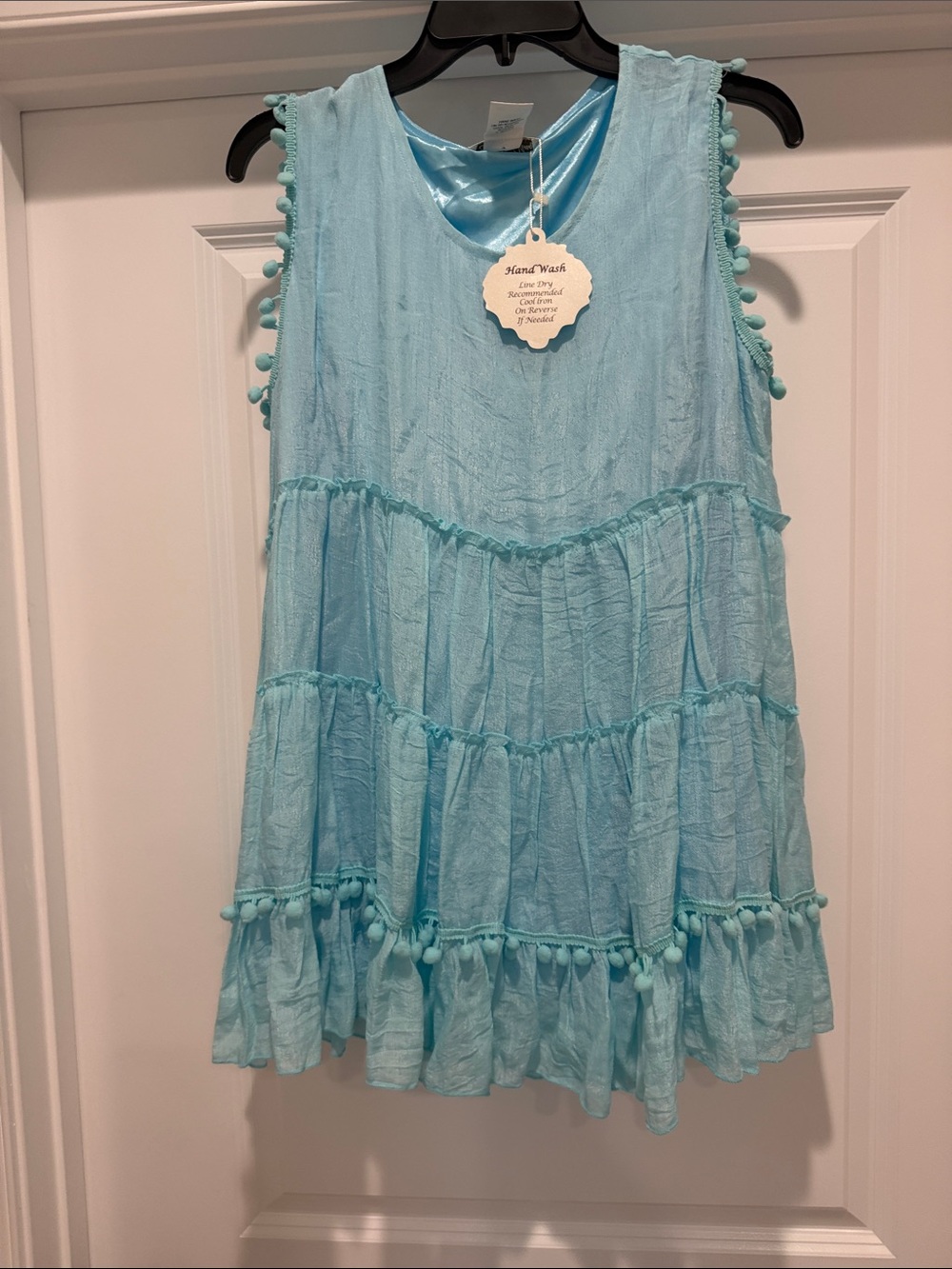 Light Blue Pom-Pom Tiered Cotton Dress